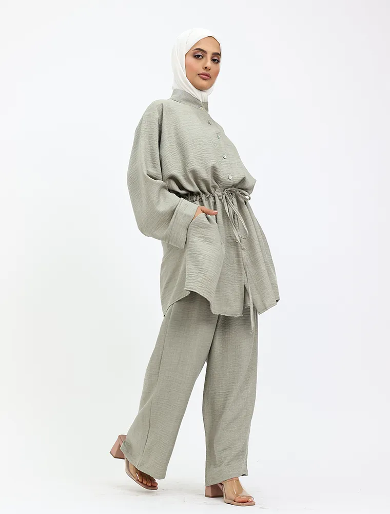 Khaki Linen Feel Drawstring Co Ord Set